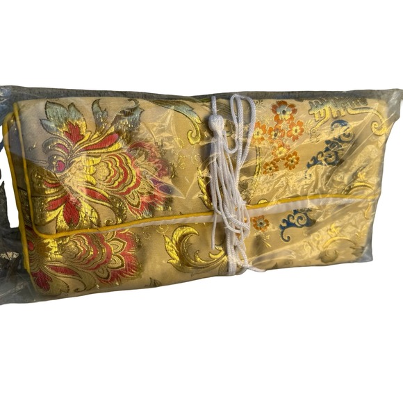 Other - Vintage Gold Silk Brocade Embroidered Jewelry Roll Organizer Travel Case Yellow